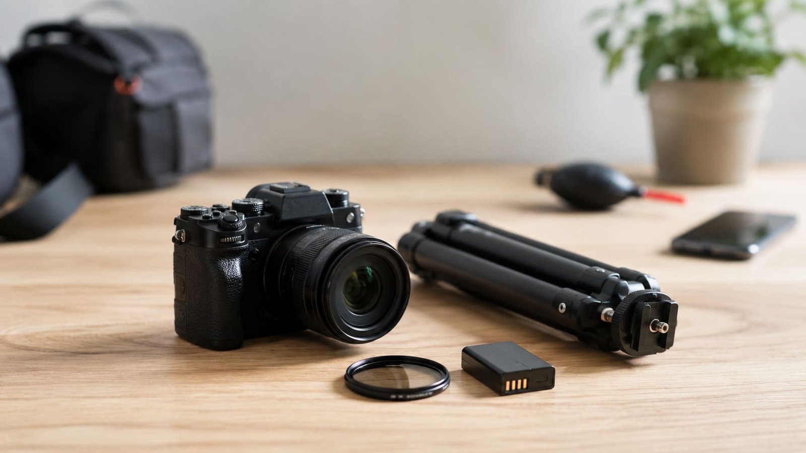 Câmera fotográfica, tripé pequeno, filtro, bateria, bolsa e outros acessórios ilustrando artigo sobre Kit fotográfico básico.