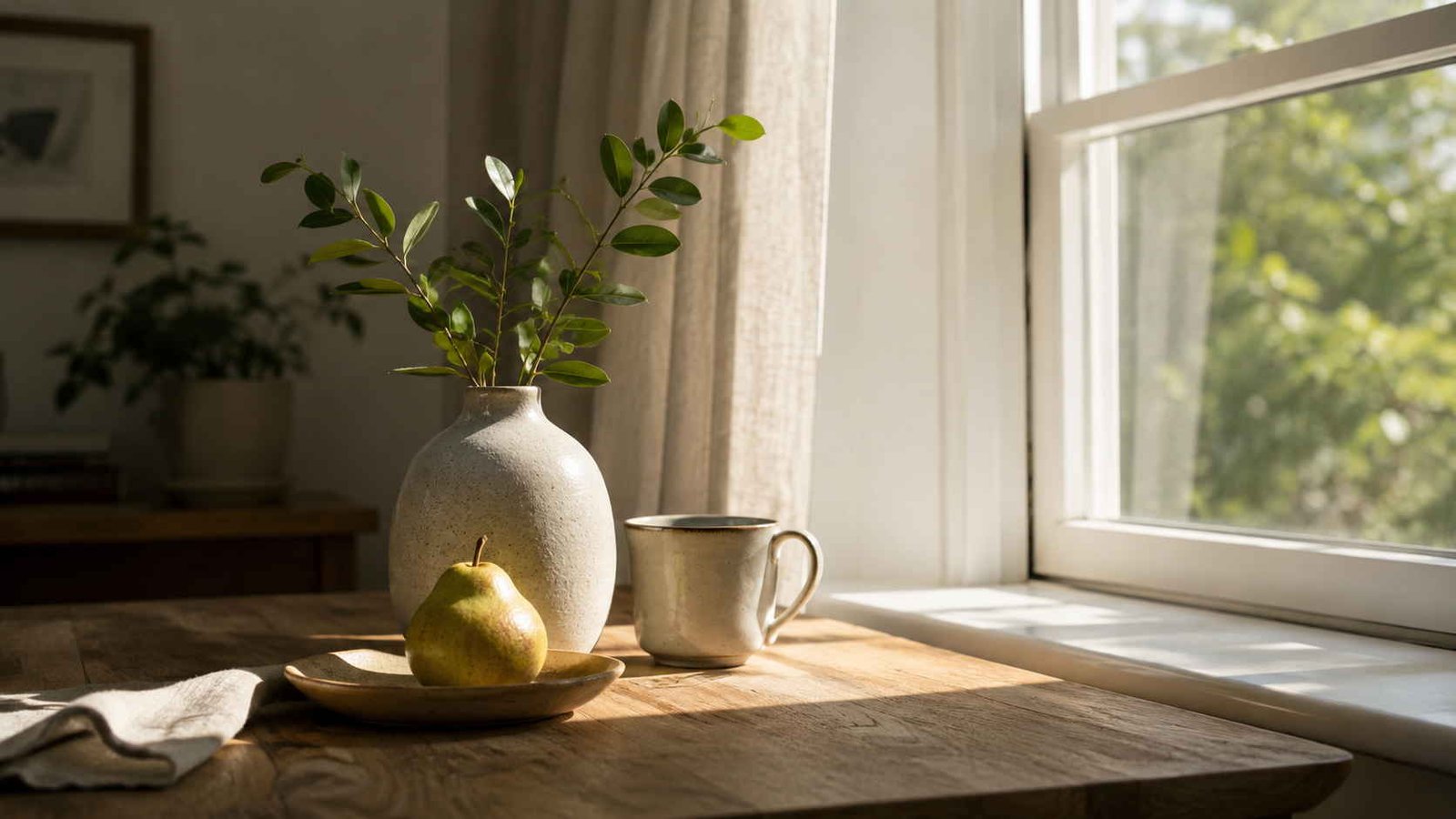 Vaso contendo folhagem, sobre a mesa e ao lado da janela, recebendo luz natural, ilustrando artigo sobre luz natural na fotografia.