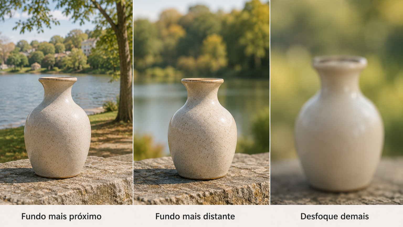 Vaso de flores em três situações diferentes de configuração de câmera fotográfica, ilustrando artigo sobre Profundidade de campo.