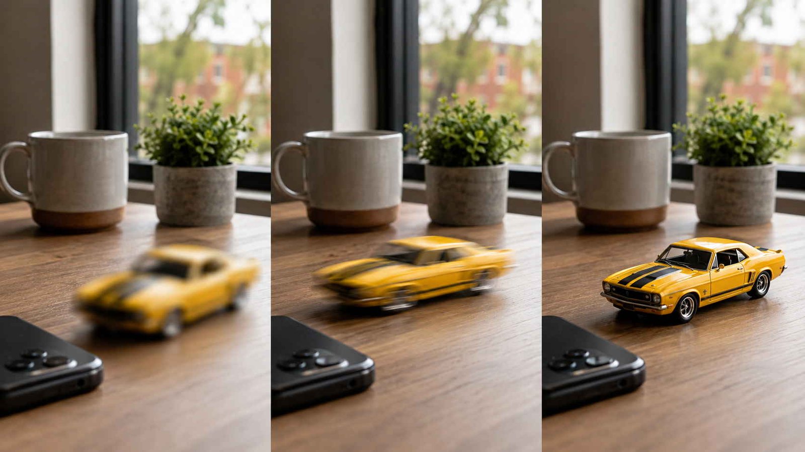 Carro de brinquedo em três situações diferentes de configuração, ilustrando artigo Começar na fotografia.