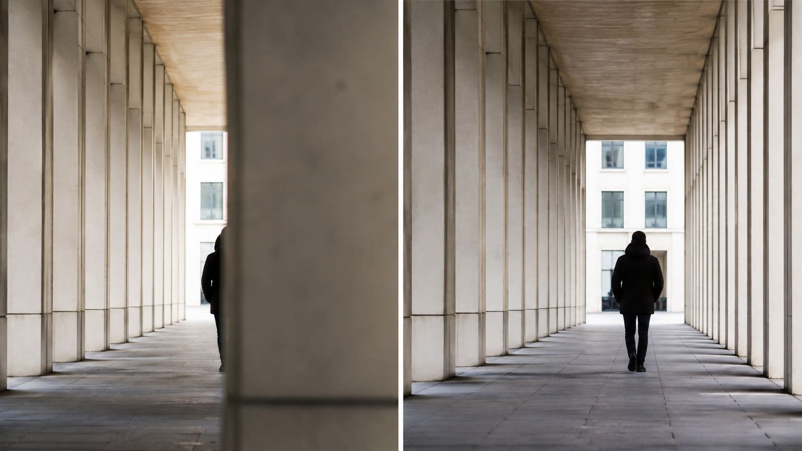 Pessoa em corredor no contraluz fotografado em linha de perspectiva, ilustrando artigo Enquadramento e ângulo na fotografia.