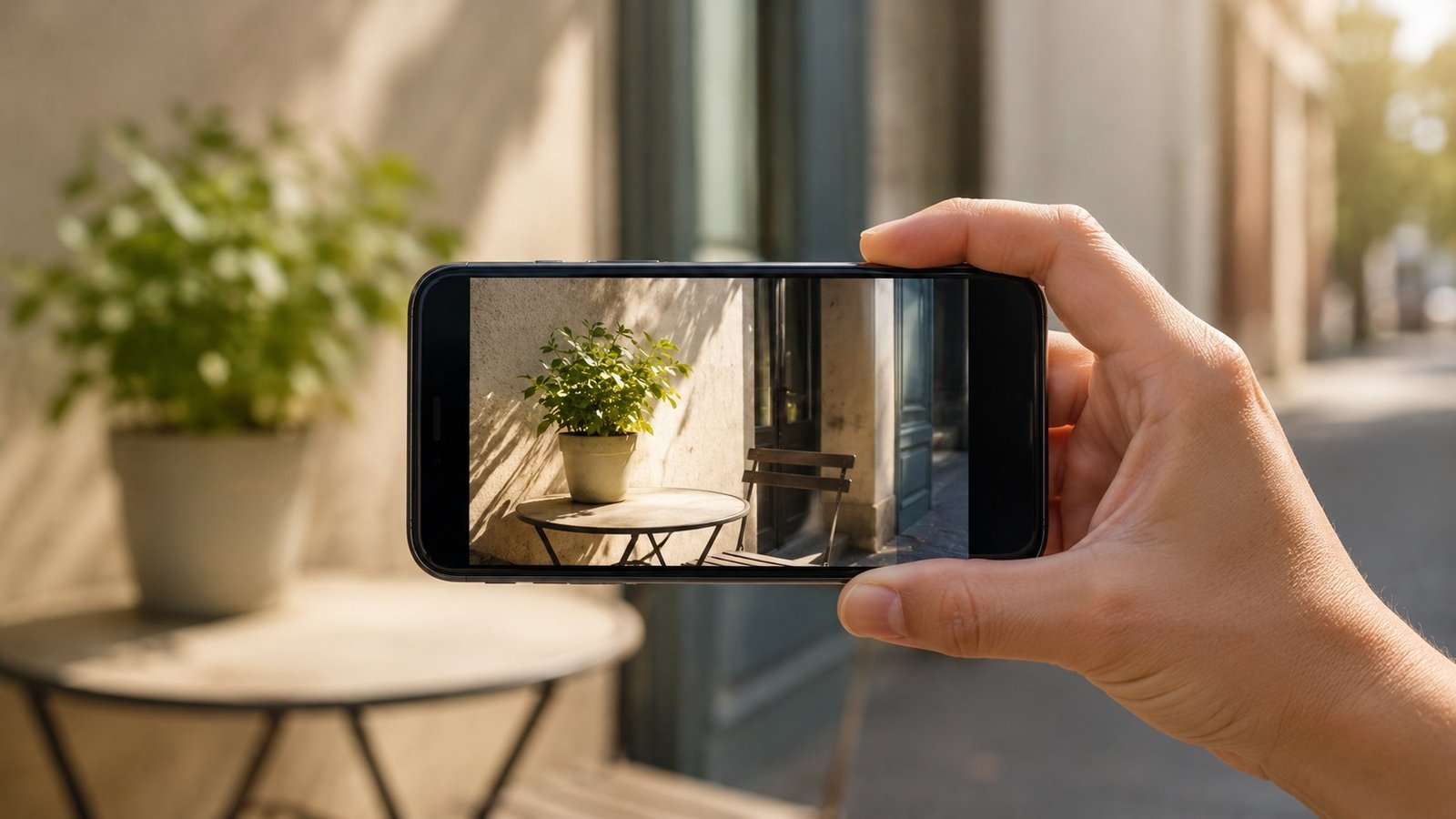 Mão segurando celular que está fotografando vaso com folhagem sobre uma mesa, rua em perspectiva ao fundo, ilustrando artigo Fotografia com celular.