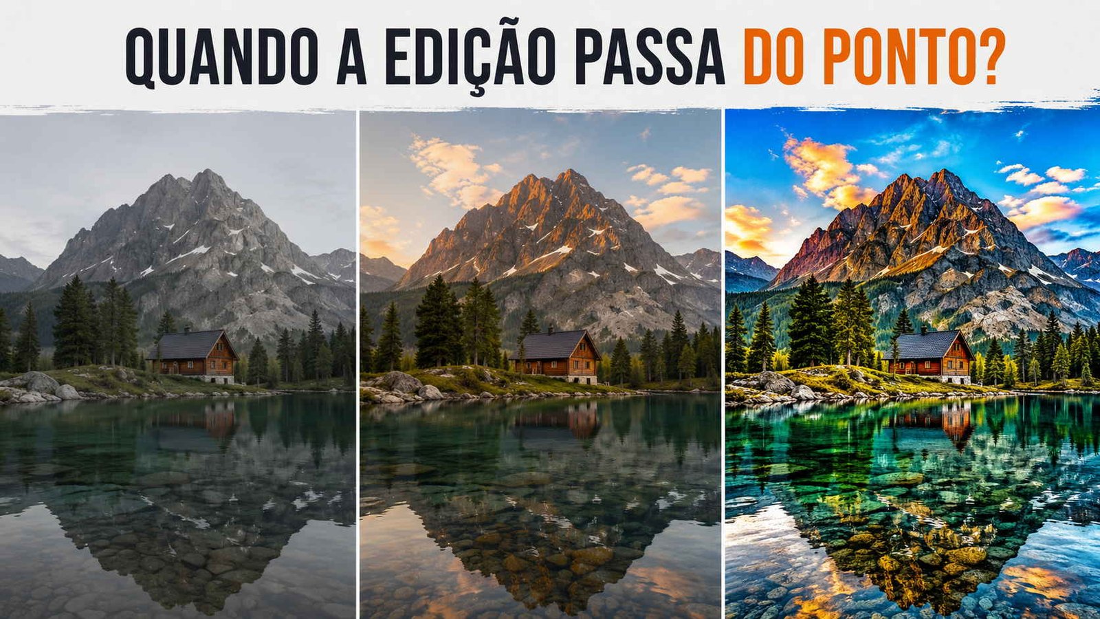 Três imagens sendo uma original e duas editadas, acima frase Quando a edição passa do ponto? Ilustrando artigo sobre edição de fotos.
