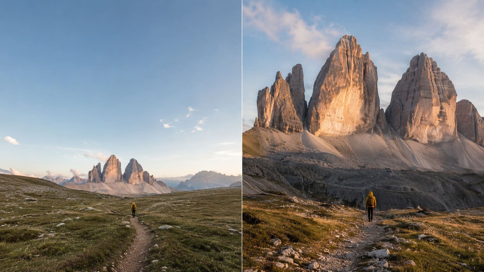 Paisagens com montanhas e uma pessoa ao longe em duas fotografias diferentes na mesma tela, ilustrando artigo Fotografia de paisagem.