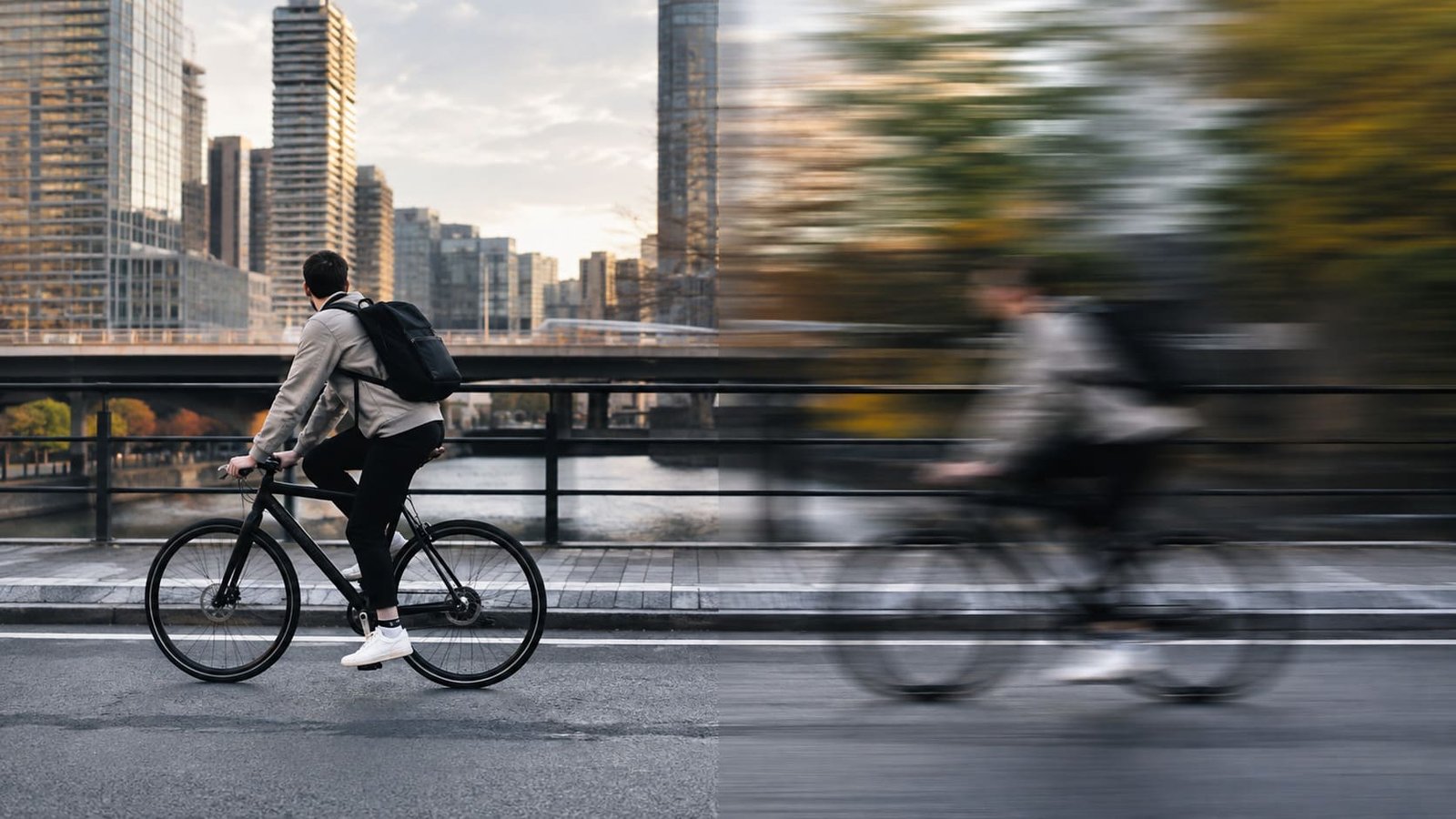 Homem de bicicleta em dois momentos diferentes de captura, ilustrando artigo Técnicas de fotografia.
