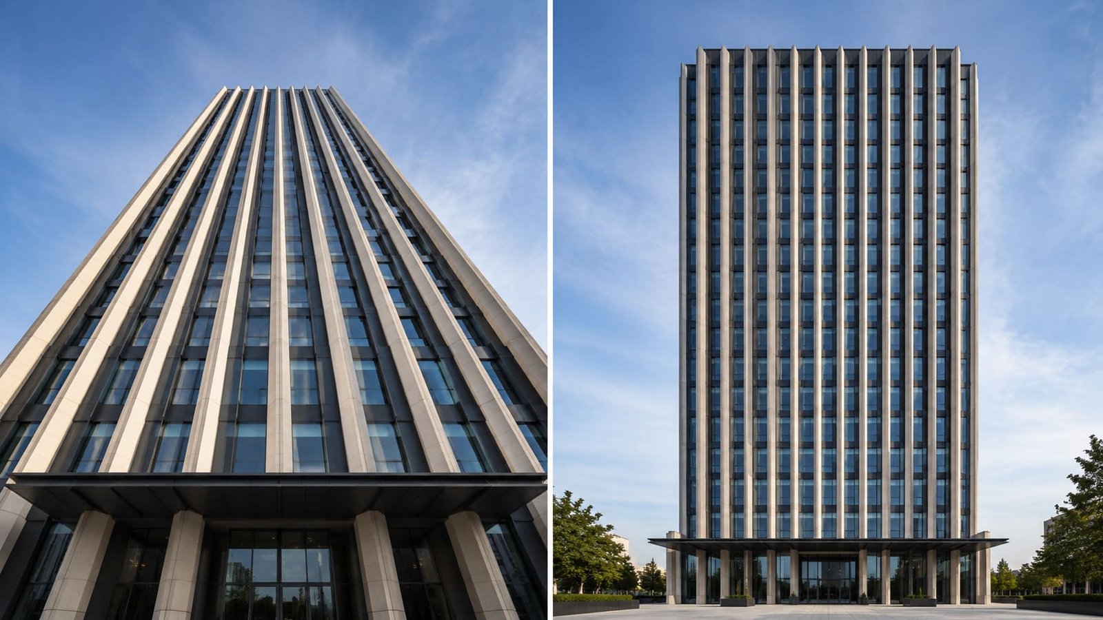 Prédio fotografado à esquerda com posição da câmera de baixo para cima, à direita, mesmo prédio registrado sem deformações, ilustrando artigo sobre Fotografia de arquitetura.