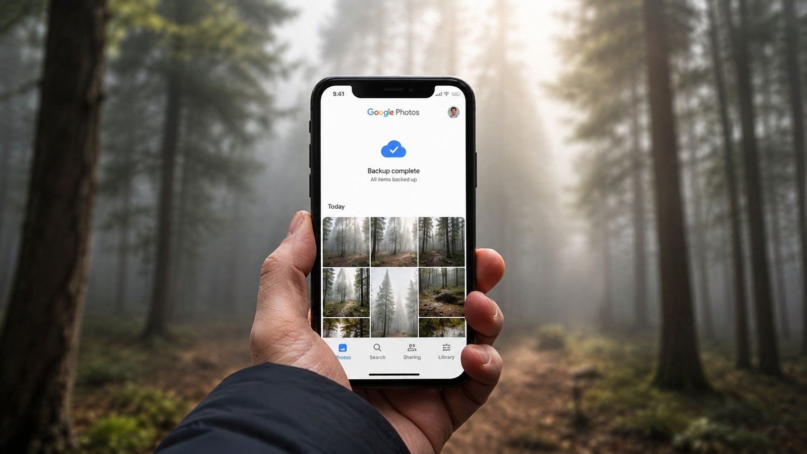 Pessoa fotografando uma floresta com o celular, em conteúdo sobre Google Fotos e armazenamento de imagens na nuvem.