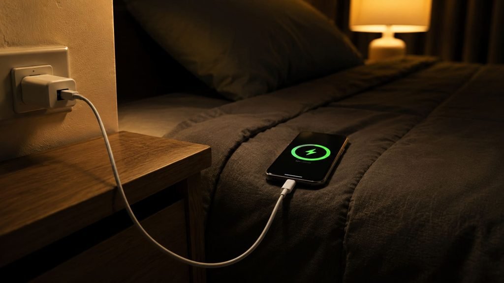 Celular carregando colocado sobre a cama, ilustrando artigo Carregar celular durante a noite.