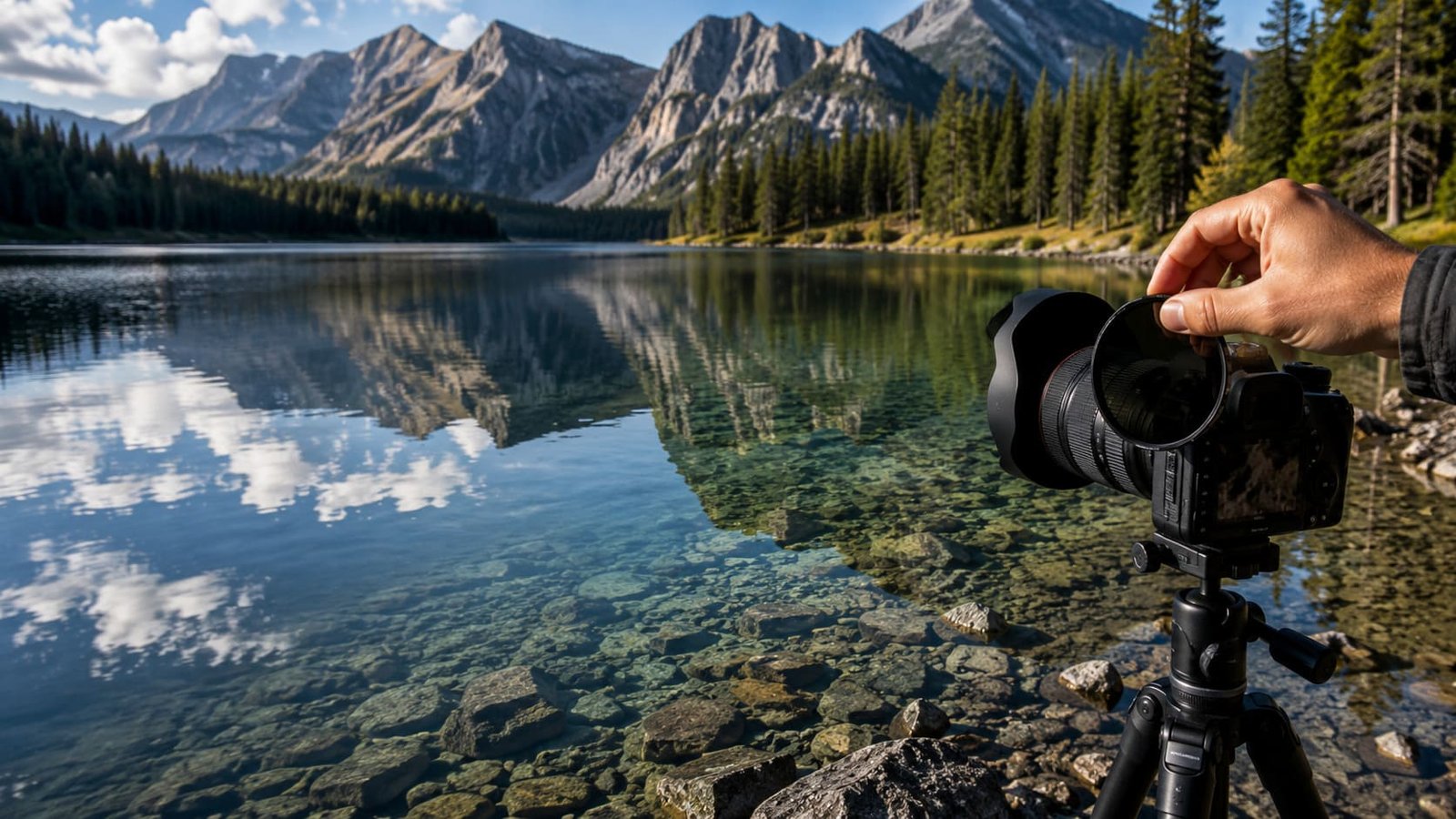 Câmera fotográfica apontando para paisagem contendo corpo d'água, montanhas e floresta ao fundo, ilustrando artigo Acessórios de fotografia.