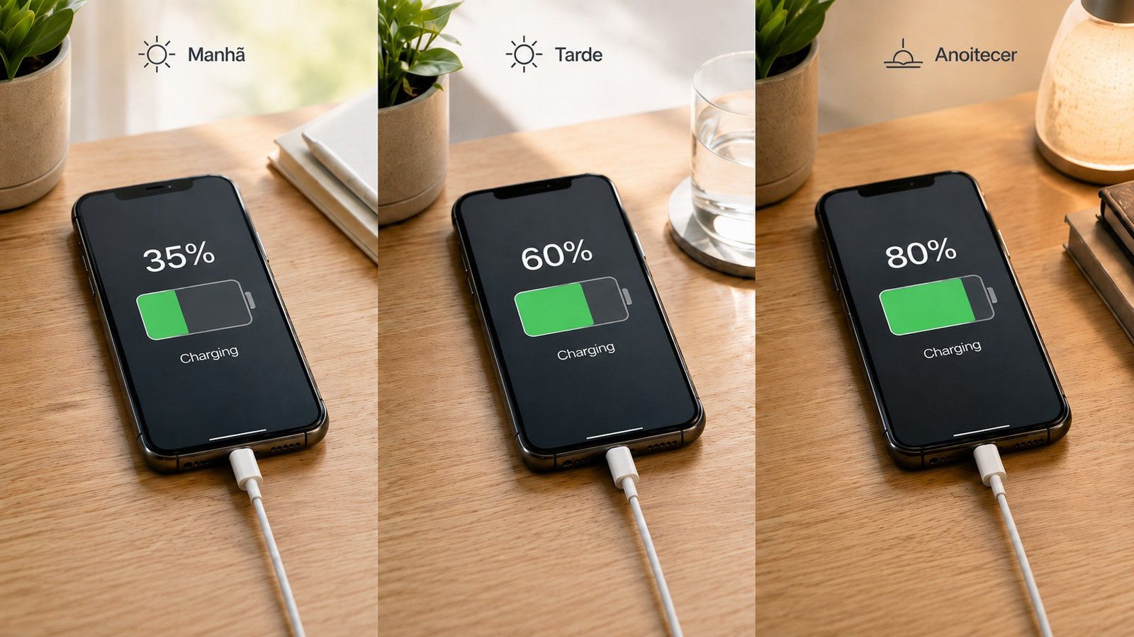 Smartphone conectado ao carregador em três momentos do dia, com níveis de 35%, 60% e 80%, ilustrando a prática de carregar celular várias vezes por dia.