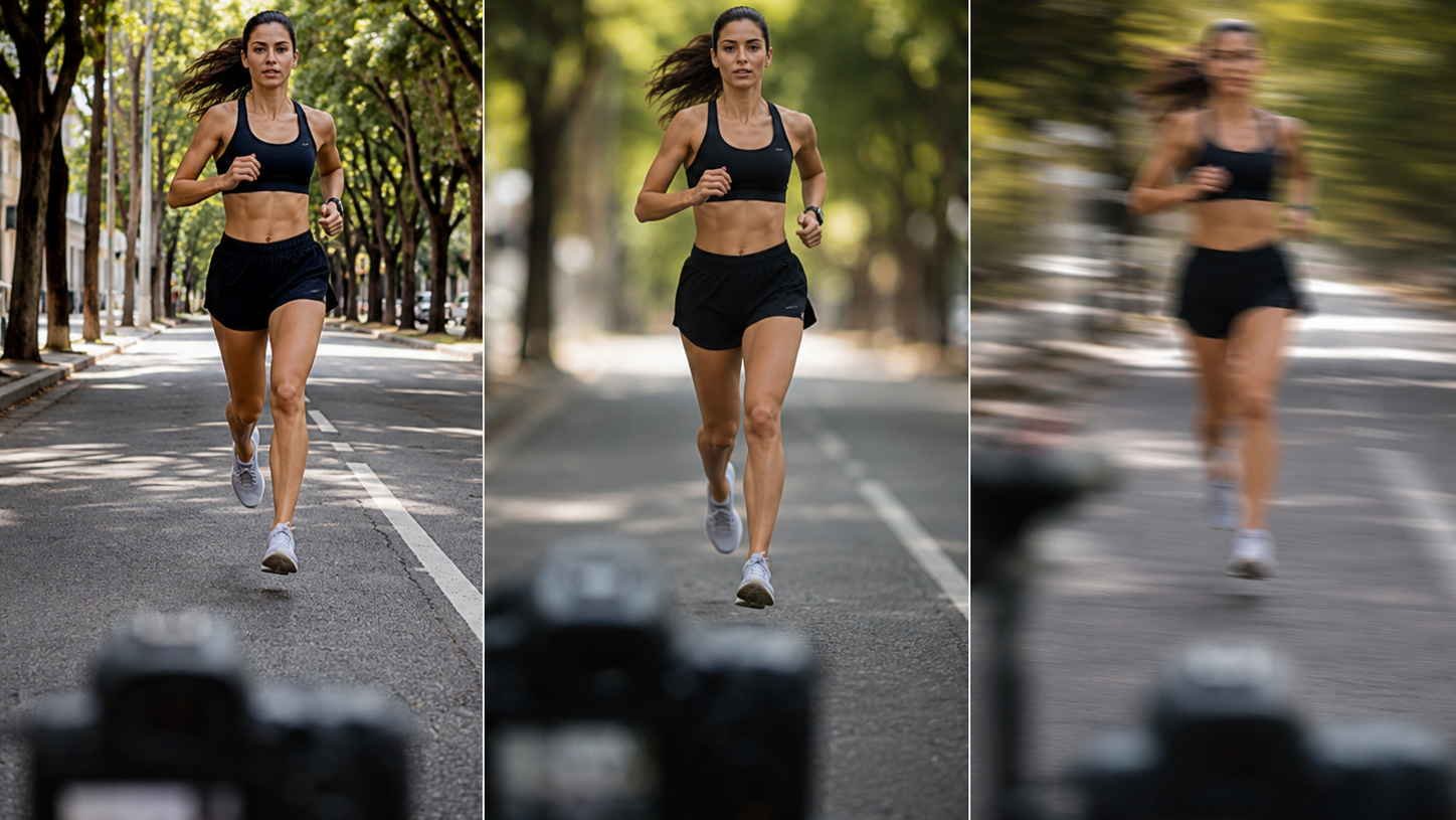 Mulher praticando corrida em 3 diferentes cenas com diferentes configurações de câmera, ilustrando artigo Triângulo de exposição.