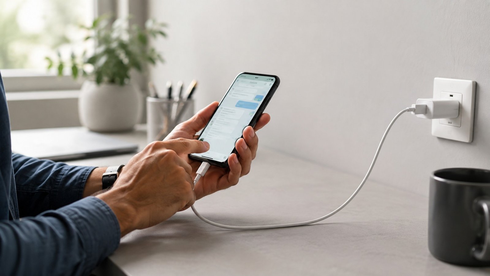 Pessoa usando um smartphone normalmente enquanto ele está conectado ao carregador, ilustrando a dúvida se usar o celular enquanto carrega estraga bateria.