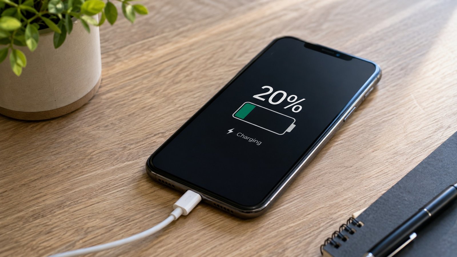 Smartphone conectado ao carregador sobre uma mesa, com 20% de bateria visível na tela, ilustrando a ideia de esperar a bateria chegar a 20%.