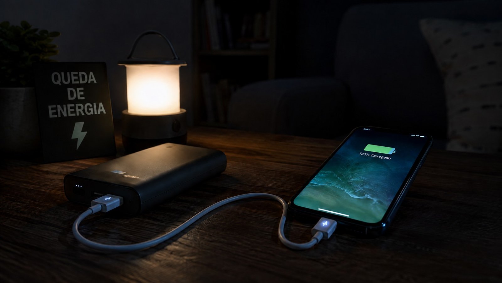 Celular sobre a mesa conectado a power bank, ilustrando como manter seu celular carregado em queda de energia
