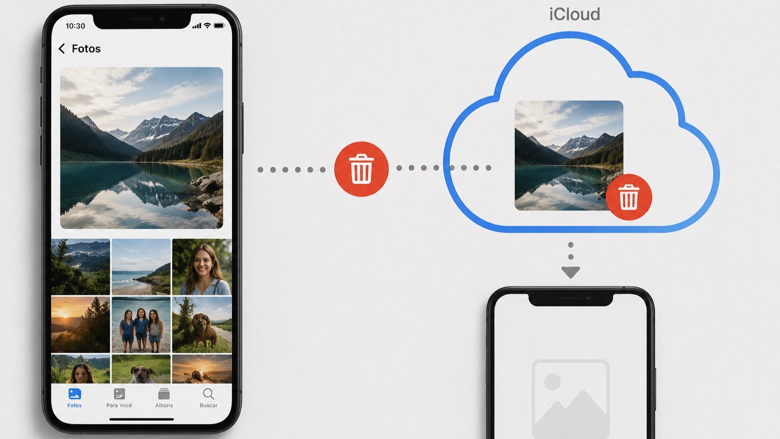 Esquema com aparelho alusivo ao iPhone em comunicação com iCloud, ilustrativo ao post Se eu apagar uma foto do iCloud, ela também some do iPhone?