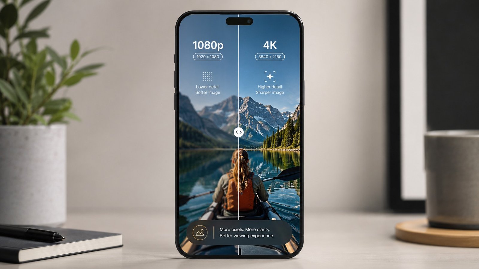 Smartphone exibindo uma comparação conceitual entre 1080p ou 4K no Instagram, com o Reel vertical dividido ao meio e indicadores visuais de resolução e qualidade.