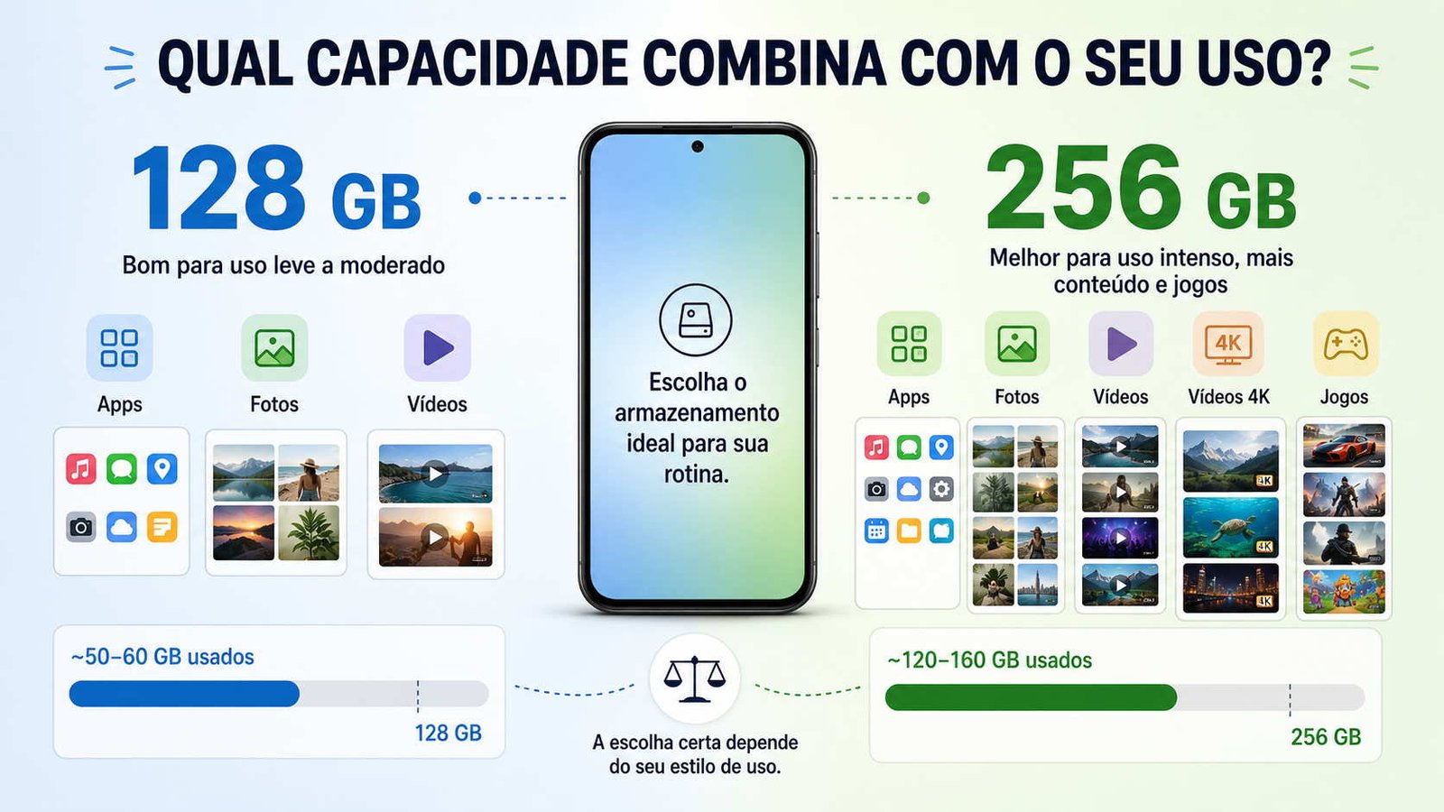 Tela de celular ao centro, à direita 128 GB de memória e, á direita, 256 GB de memória, ilustrando artigo 128 GB ou 256 GB.
