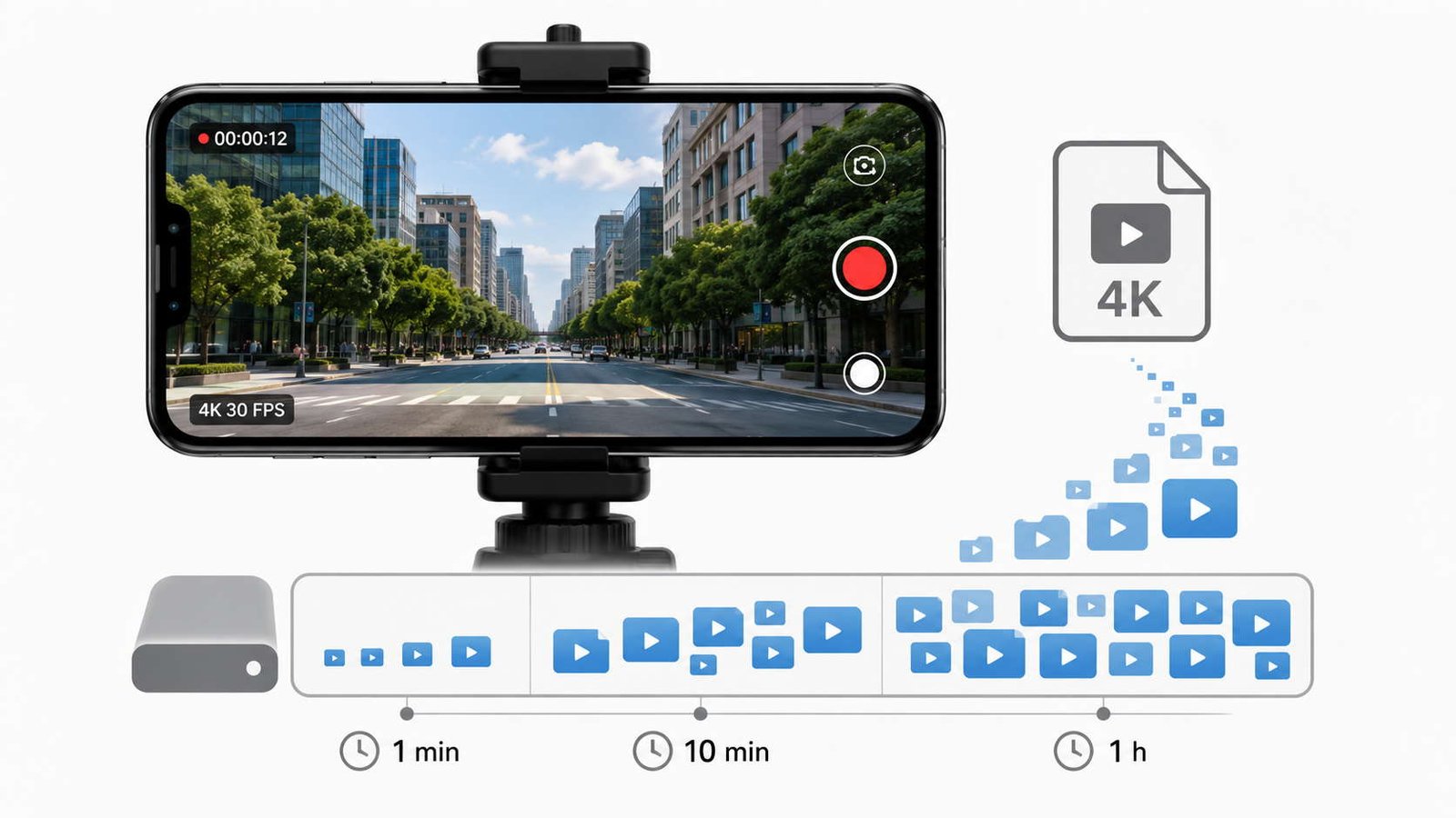 Smartphone gravando em 4K com representação visual do armazenamento sendo ocupado ao longo do tempo, ilustrando se 128 GB são suficientes para gravar vídeos em 4K.