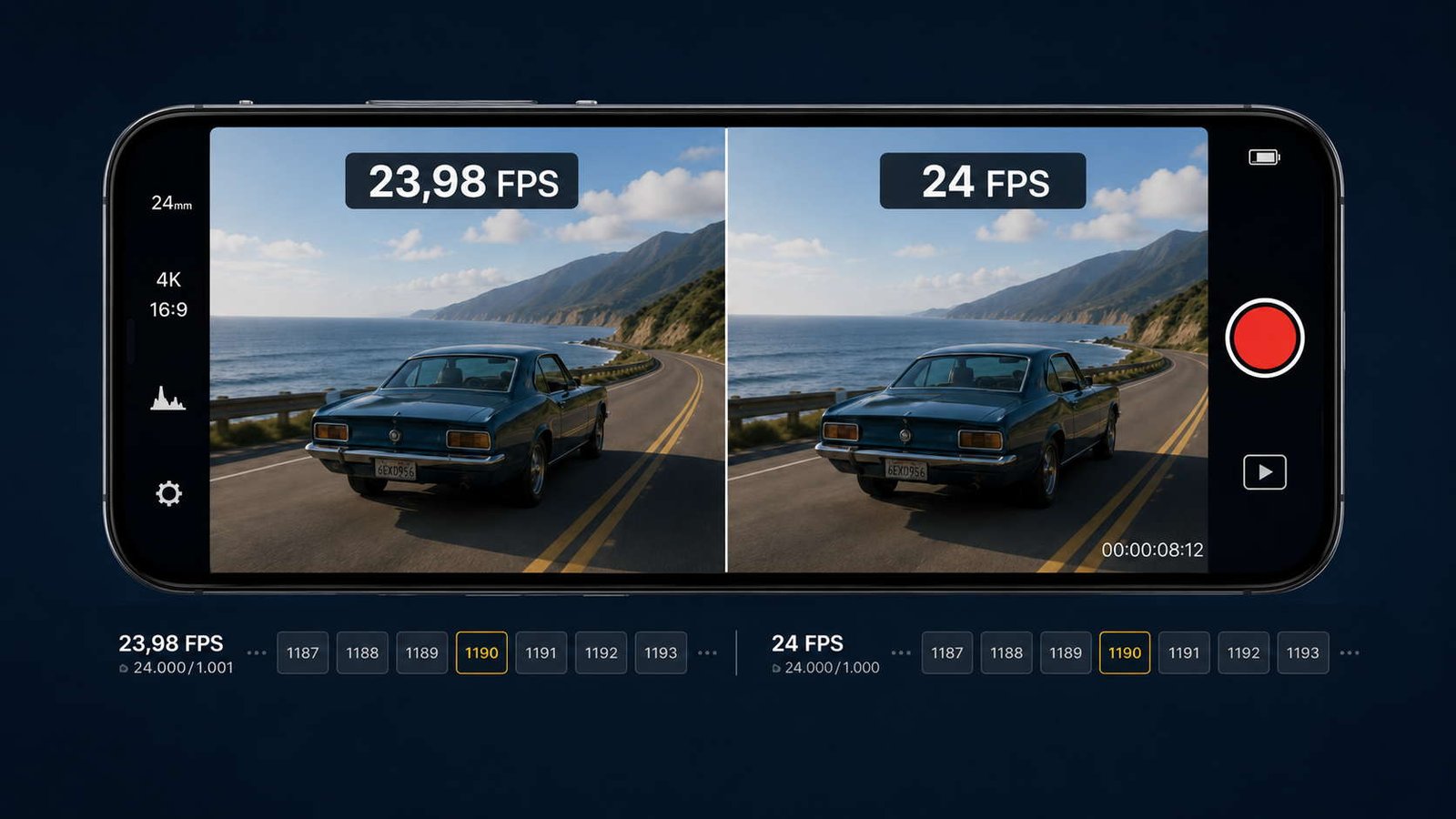 Smartphone exibindo comparação lado a lado entre 23.976 ou 24 fps, com a mesma cena e uma linha de tempo indicando a pequena diferença técnica entre as taxas de quadros.