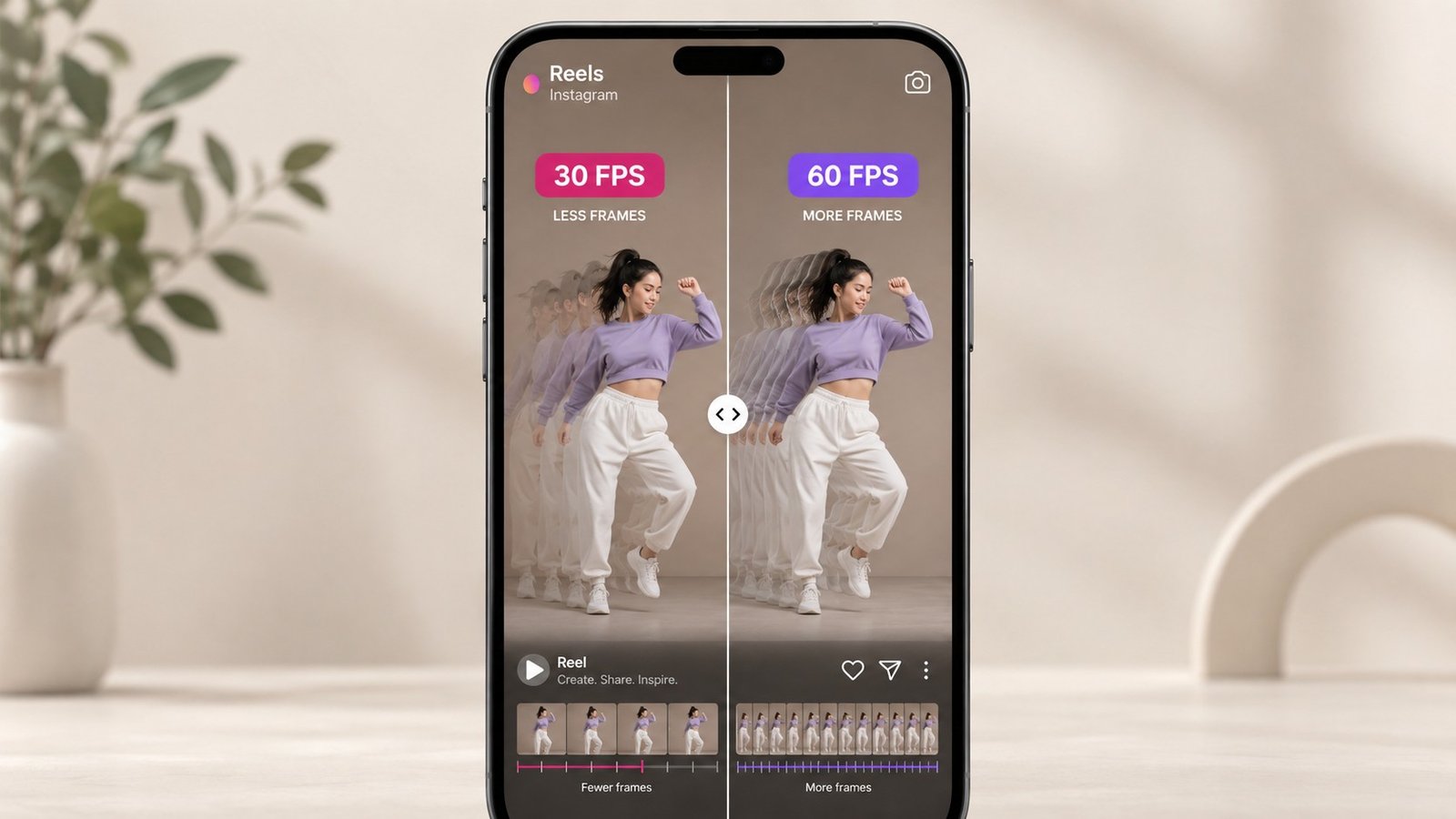 Smartphone exibindo um Reel vertical com comparação entre 30 ou 60 fps para Reels no Instagram, mostrando visualmente a diferença de fluidez entre as duas taxas de quadros.