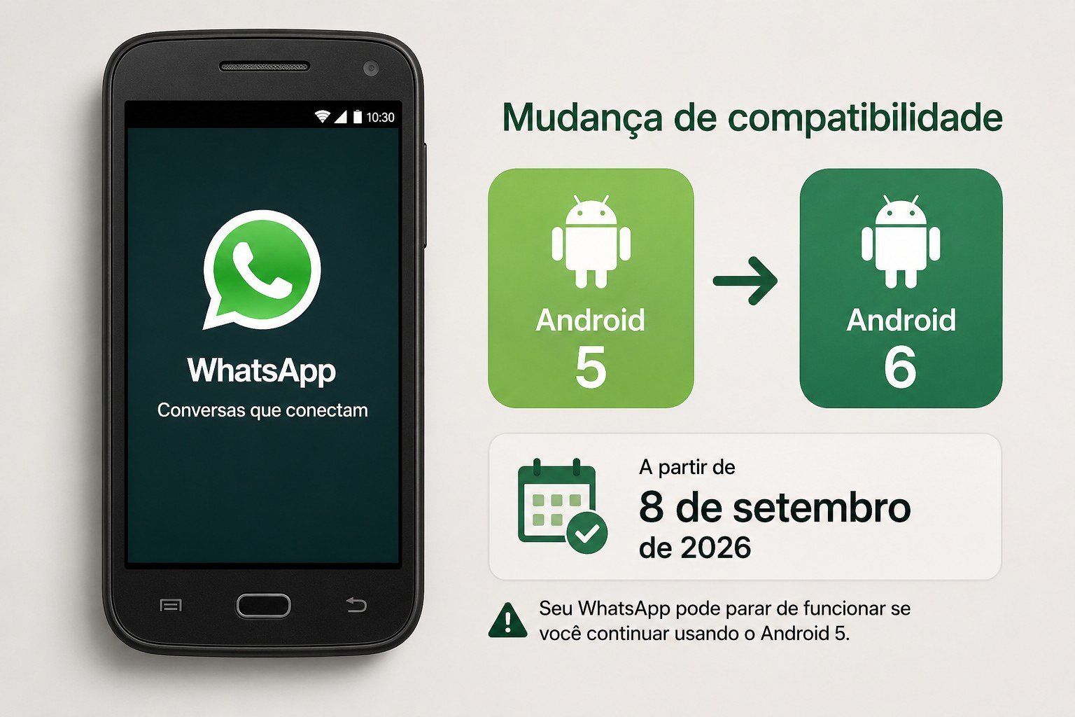 Celular com icone do whatsapp e dois ícones Android ilustrando imagem destacada para Android 5.0 e 5.1 vão perder o WhatsApp