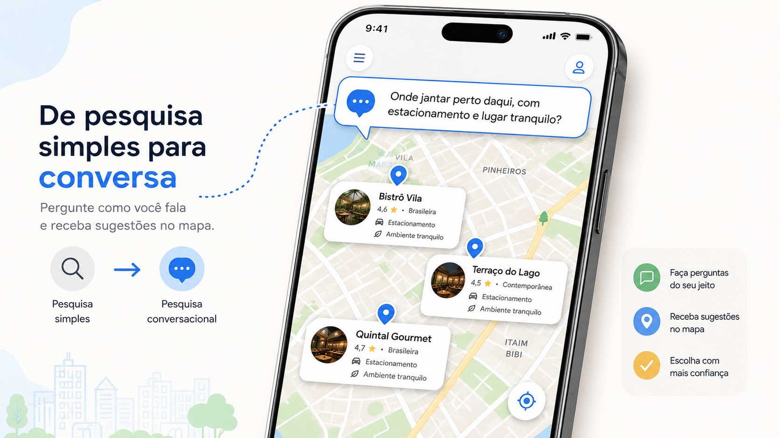 Celular com tela mostrando mapa e caixas de texto de estabelecimentos comerciais, mensagem à esquerda, ilustrando artigo Ask Maps ficou mais inteligente.