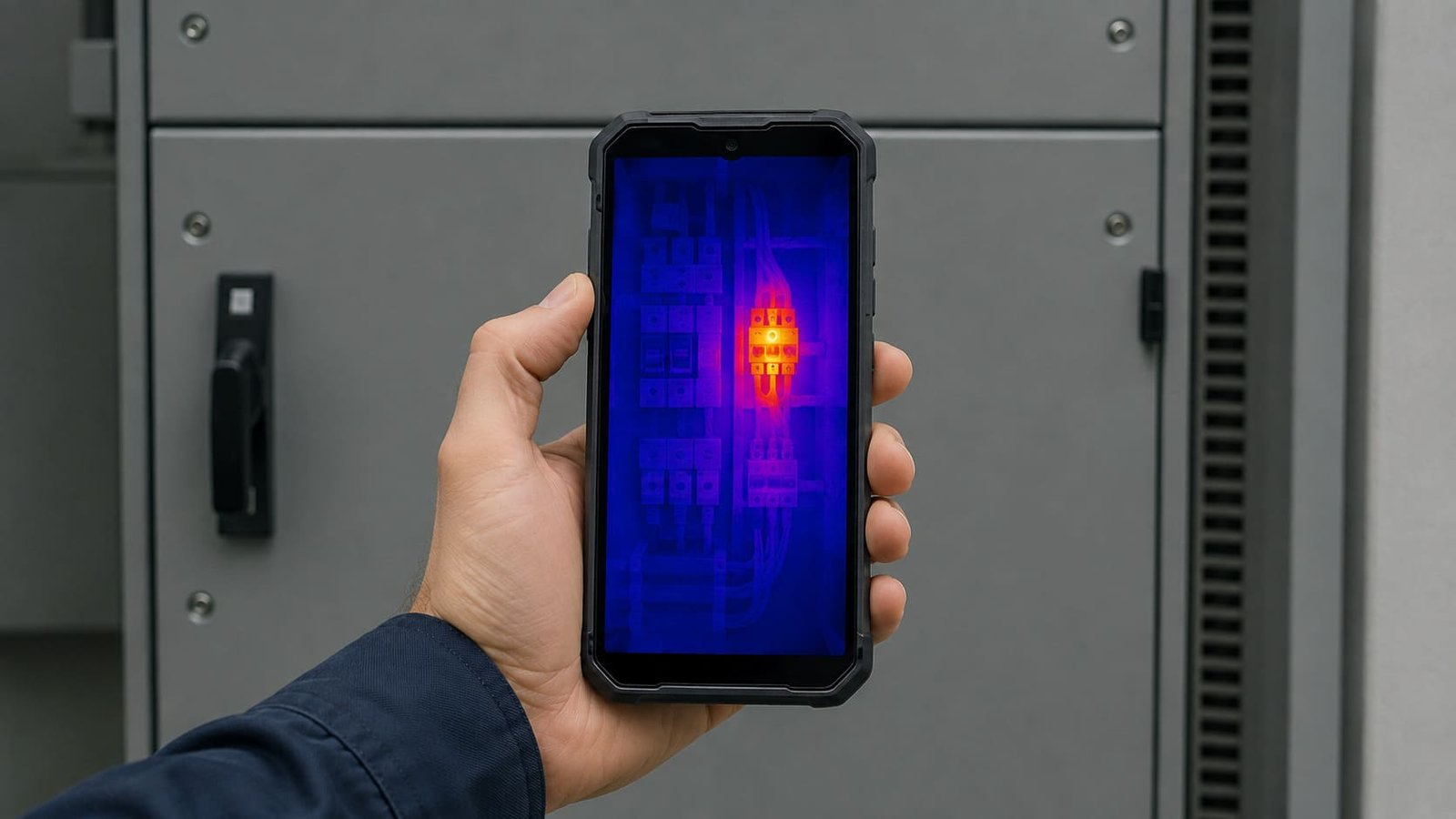 Inspeção térmica em painel elétrico ilustrando artigo Celular com câmera térmica.