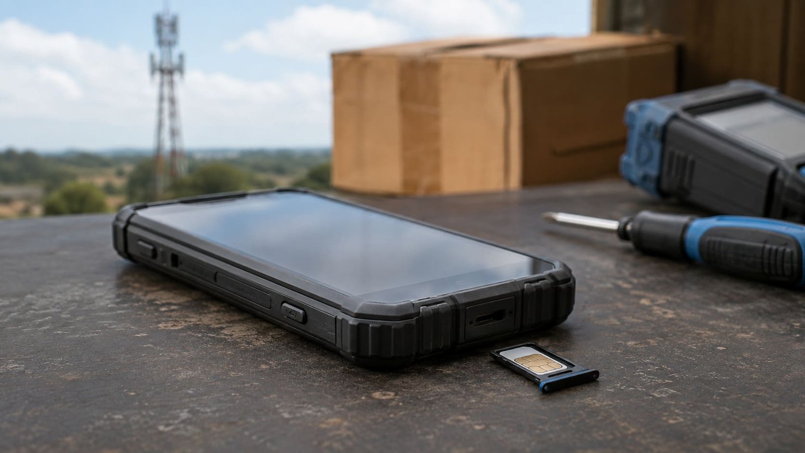 Bancada de trabalho com celular robusto e SIM card, ilustrando artigo Celular robusto importado funciona no Brasil?