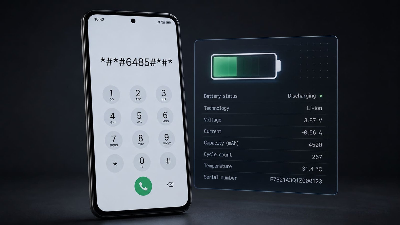 Diagnóstico de bateria em smartphone, ilustrando artigo Código ##6485## da Xiaomi