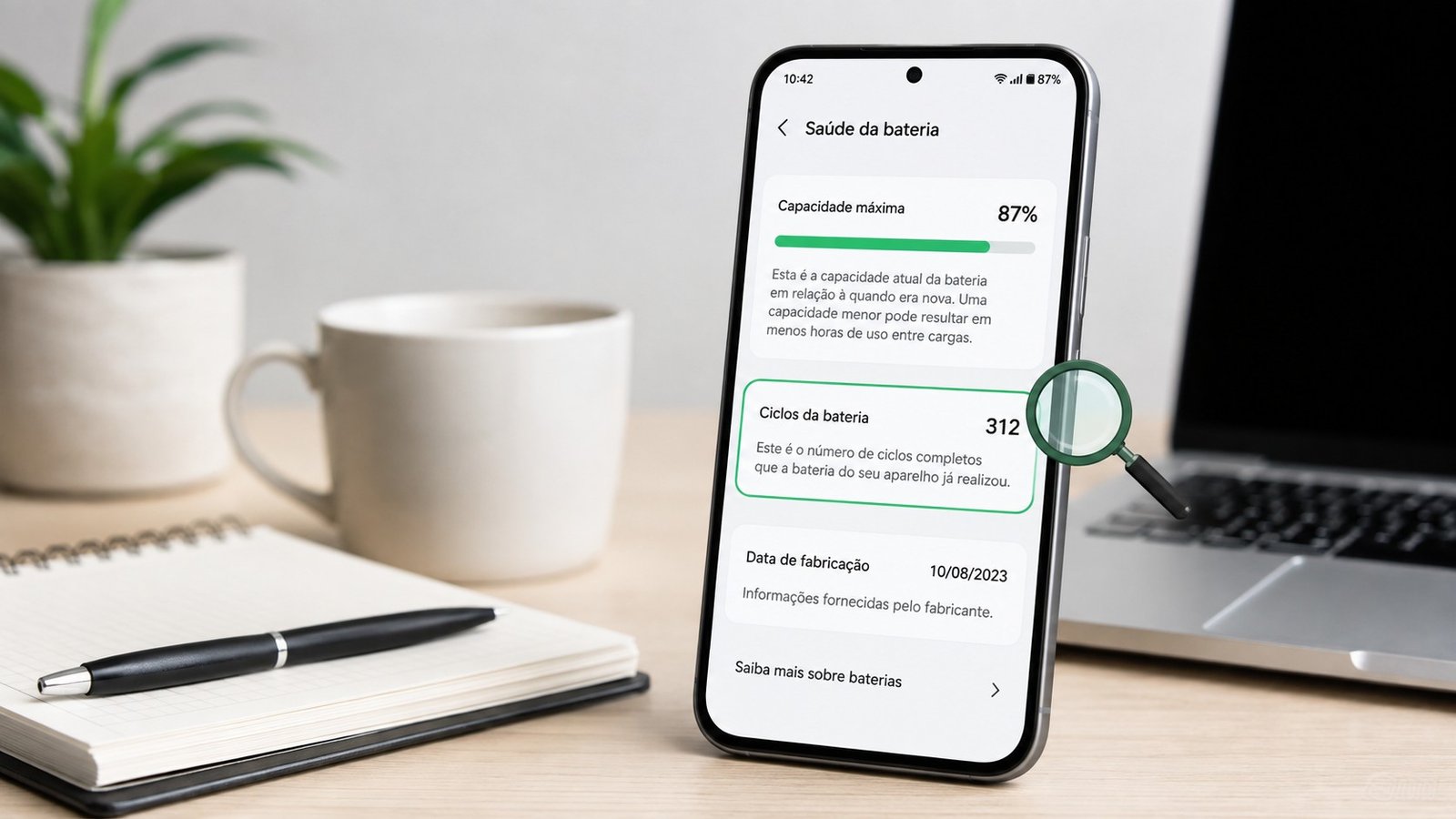 Tela de smartphone exibindo informações de saúde da bateria e a contagem de ciclos, ilustrando como saber quantos ciclos da bateria do celular.