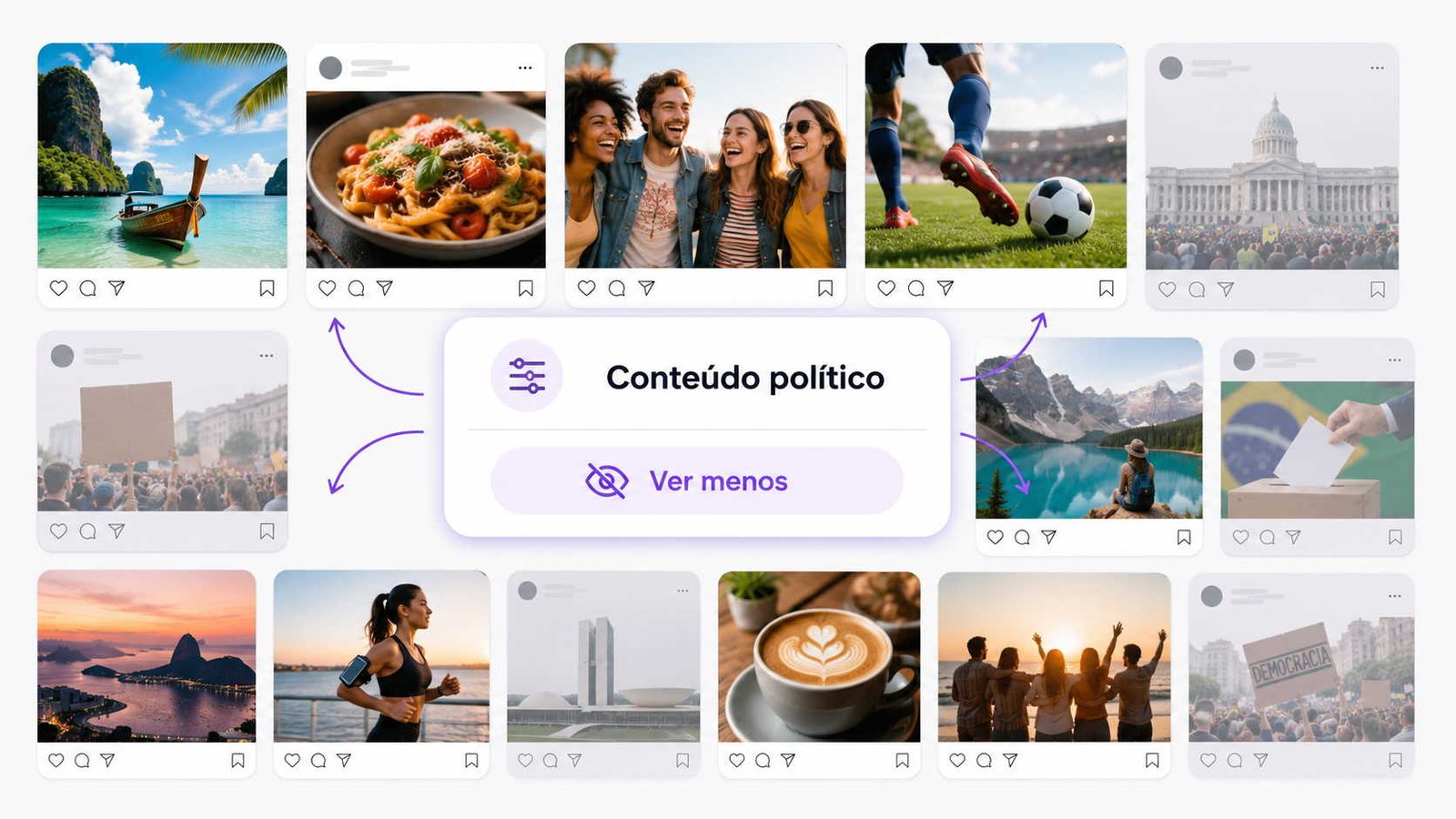 Diversas fotos de diferentes cenas, ao centro um retângulo com conteúdo político, ilustrando artigo Como ver menos conteúdo político no Instagram?
