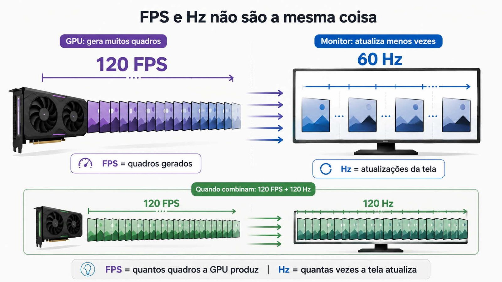 Sequência de frames alusivos a 120 fps e monitor com 4 telas alusivo a 60 Hz, ilustrando artigo FPS e Hz são a mesma coisa?