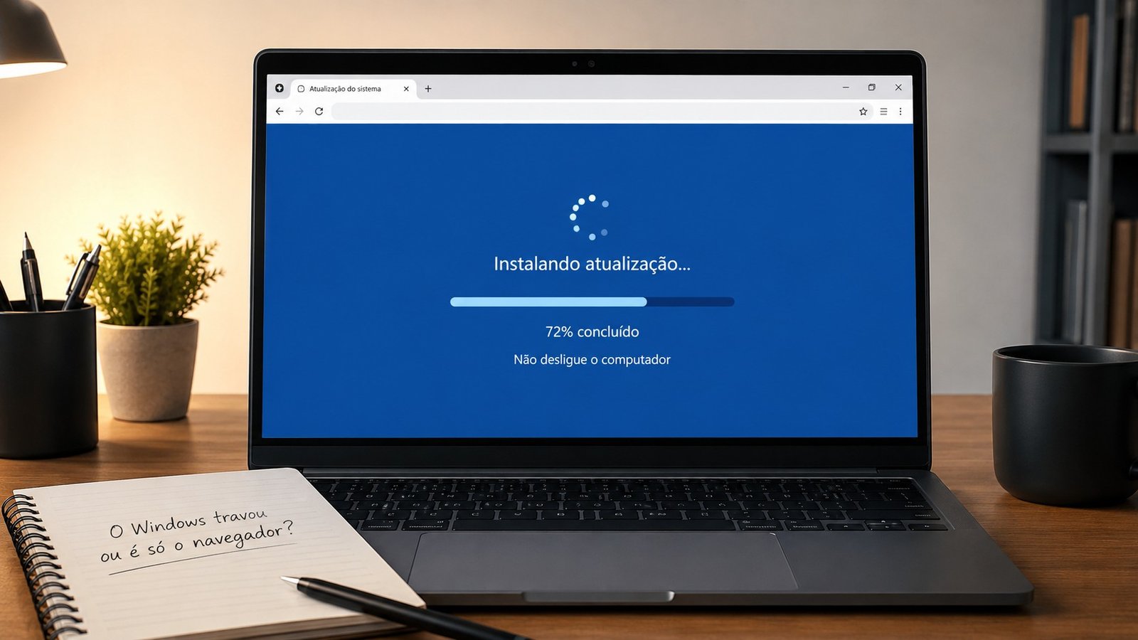 Notebook sobre a mesa exibindo tela azul, caderno ao lado esquerdo com frase: "O windows travou ou é só o navegador? ilustrando artigo FakeUpdate.net é vírus?