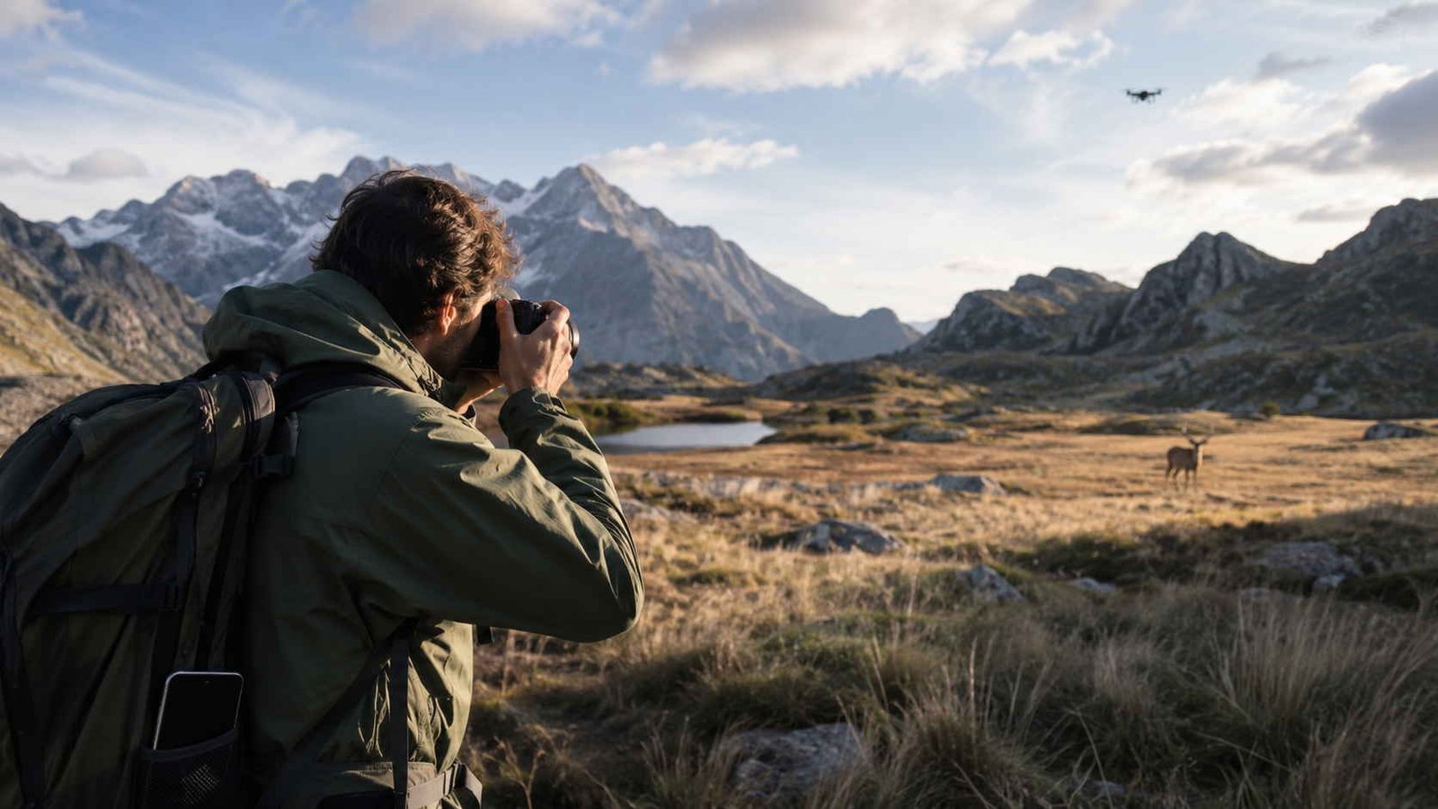 Fotógrafo com câmera na mão em paisagem com montanhas ao fundo, ilustrando artigo Fotografia de natureza.