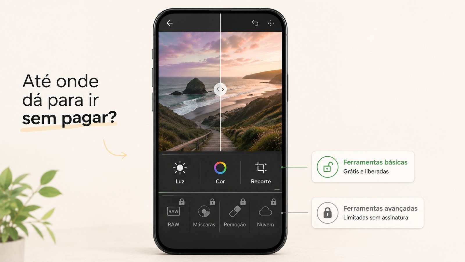 Celular ao centro com imagem e comandos para editar foto, textos ao lado esquerdo e direito, ilustrando artigo Lightroom grátis é suficiente para começar?