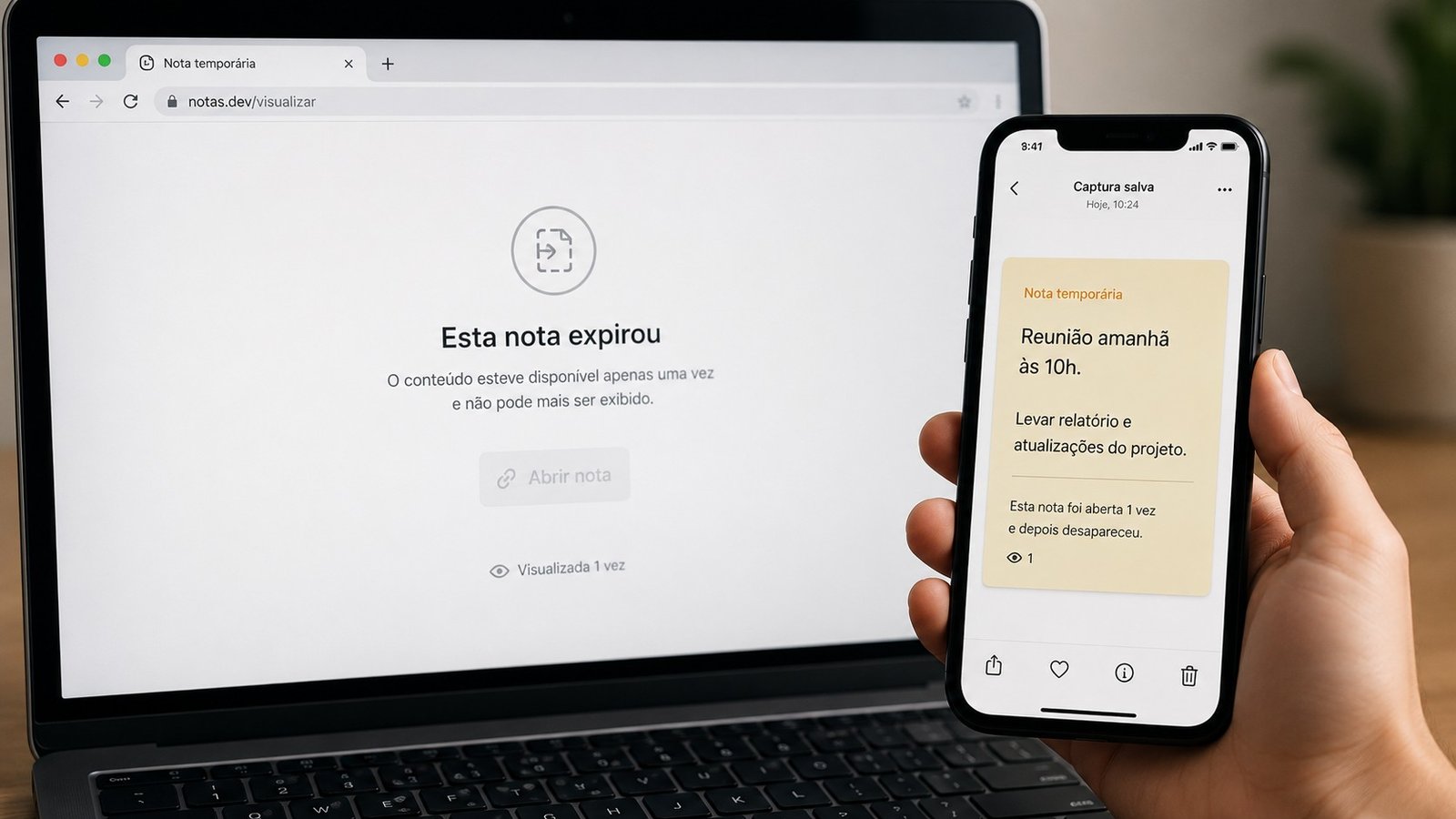 Tela de notebook com janela de navegador aberta informando "Esta nota expirou", celular ao lado mostrando conteúdo da mensagem, ilustrando artigo Mensagem que se autodestrói é realmente apagada?