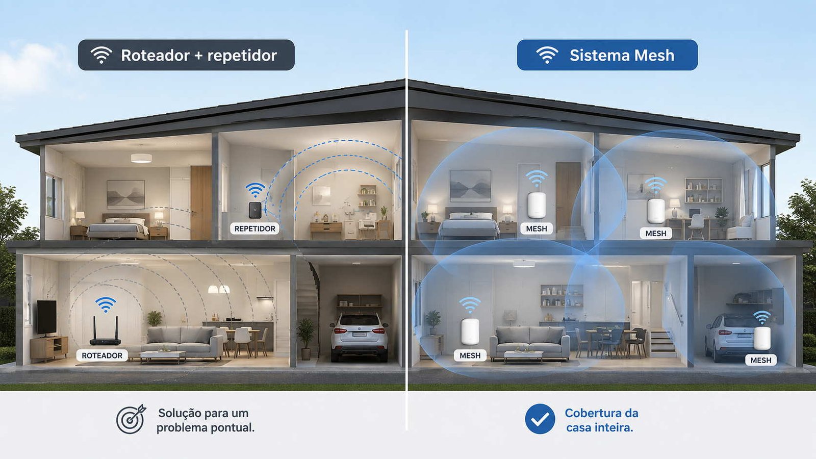 Residência com corte transversal mostrando todos os cômodos recebendo sinal de roteador + repetidor (à esquerda) e sistema mesh (à direita), ilustrando artigo Mesh ou repetidor qual usar?