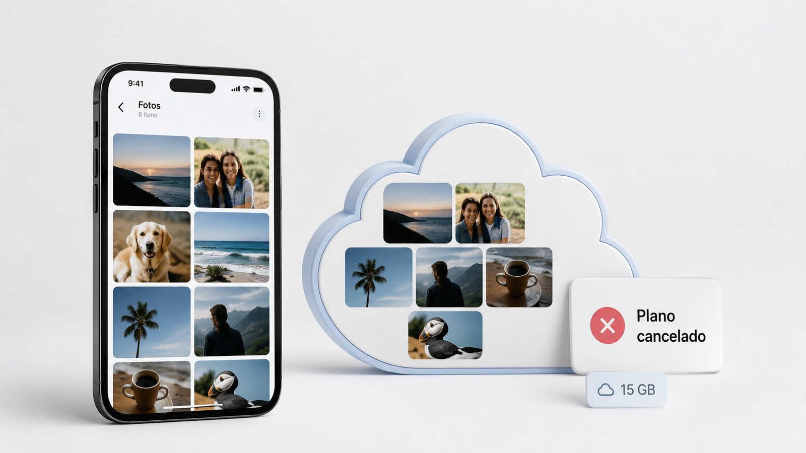Celular à esquerda com imagens, à direita nuvem reproduzindo as mesmas fotos, imagem destacada para artigo Posso cancelar o Google One sem perder fotos?