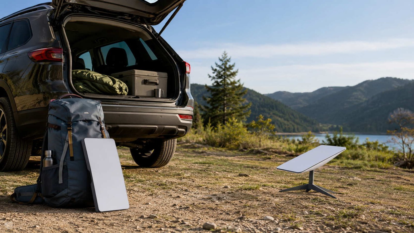 Posso levar minha Carro com antena Starlink com porta malas aberto, estacionado em área natural, ilustrando artigo Starlink em viagens?