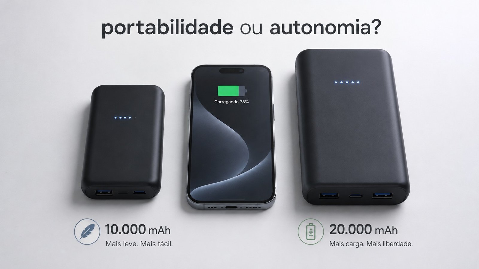 Comparação visual entre Power bank de 10.000 ou 20.000 mAh, com dois carregadores portáteis lado a lado e um smartphone ao centro, destacando a escolha entre portabilidade e autonomia.