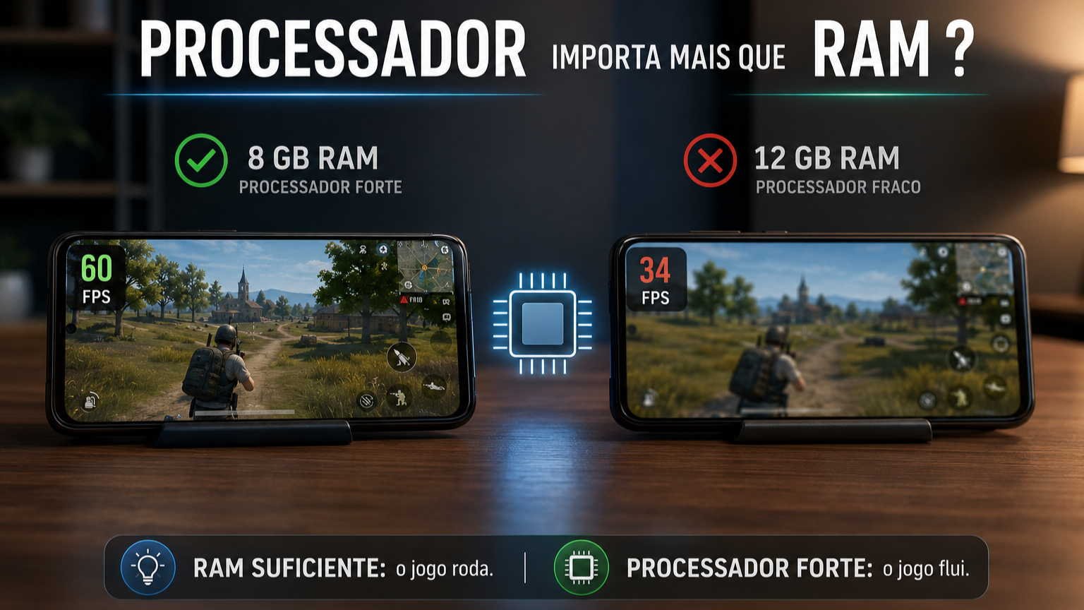 Dois celulares com tela em jogo de celular com textos acima de cada um deles contendo processador e ram, kilustrando artigo Processador importa mais que RAM para jogar no celular?