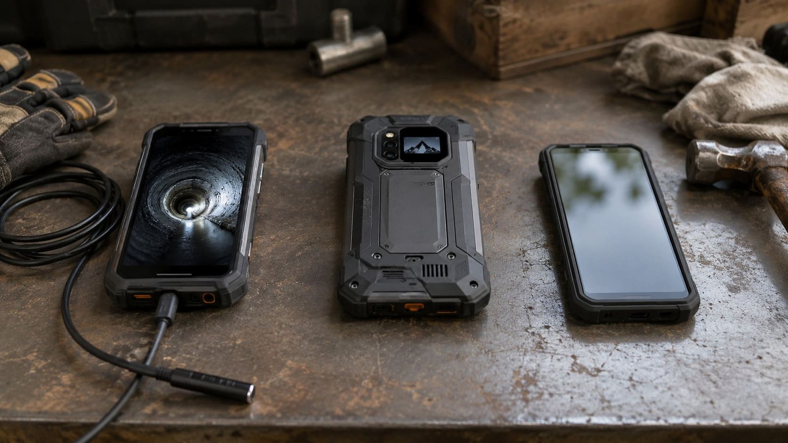Três Smartphones Rugged na Bancada Industrial, ilustrando artigo Quais as diferenças entre os celulares robustos?
