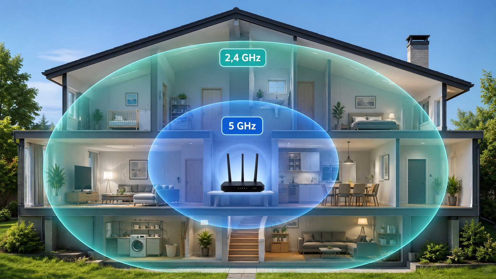 Residência em corte transversal recebendo sinal de duas redes wi-fi diferentes, ilustrando artigo Qual rede Wi-Fi usar 2,4 GHz ou 5 GHz