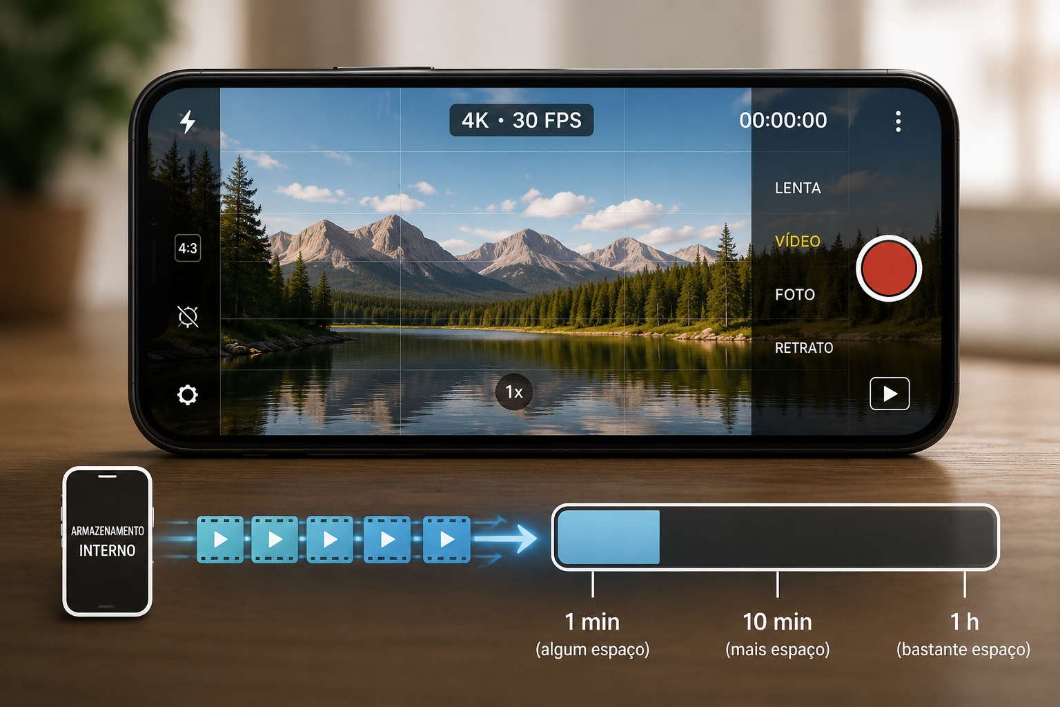 Smartphone gravando em 4K 30 FPS com representação do armazenamento sendo consumido ao longo do tempo, ilustrando quanto espaço ocupa um vídeo 4K no celular.