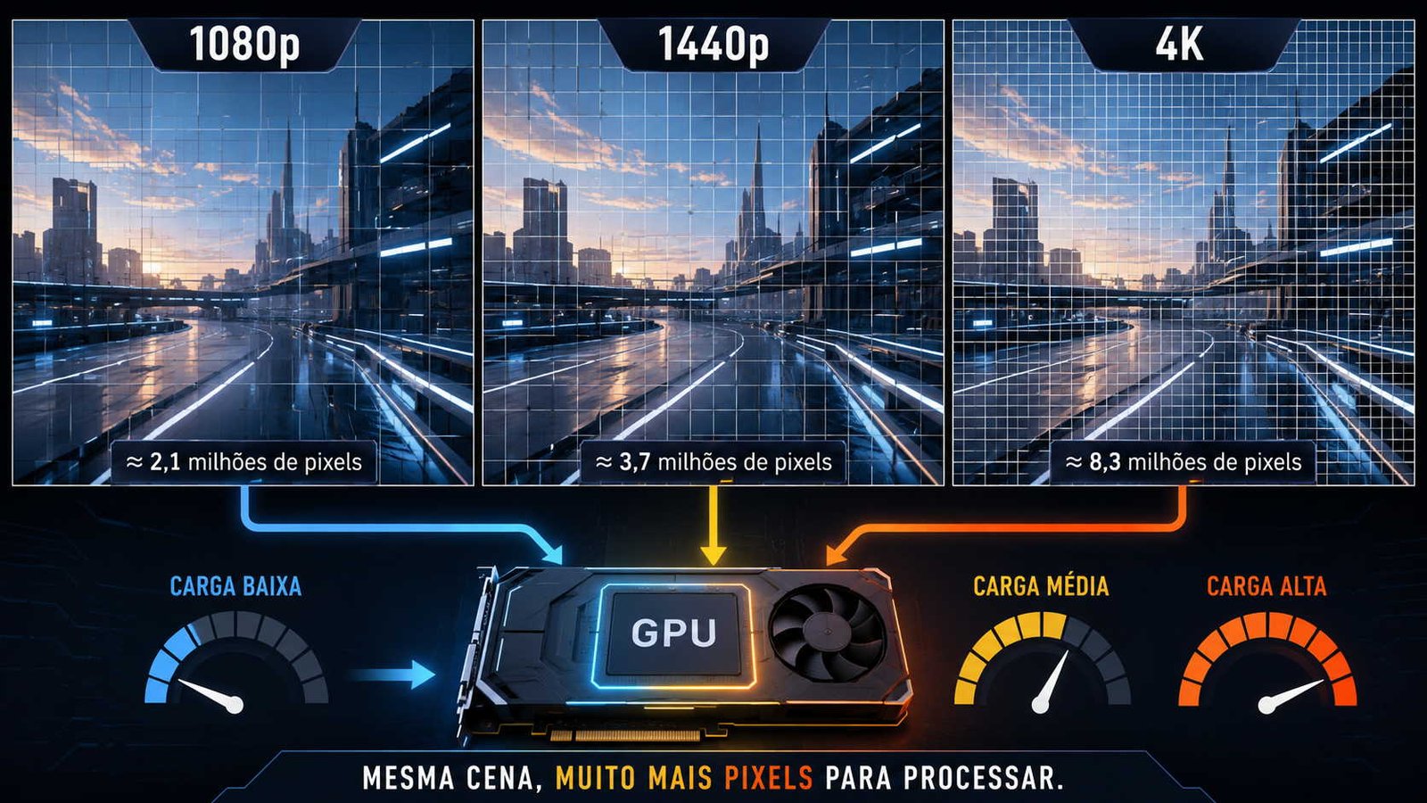 Três imagens alusivas a uma simulação de game, com setas apontando para GPU, ilustrando artigo Quanto mais potência cada resolução exige 1080p, 1440p e 4K?