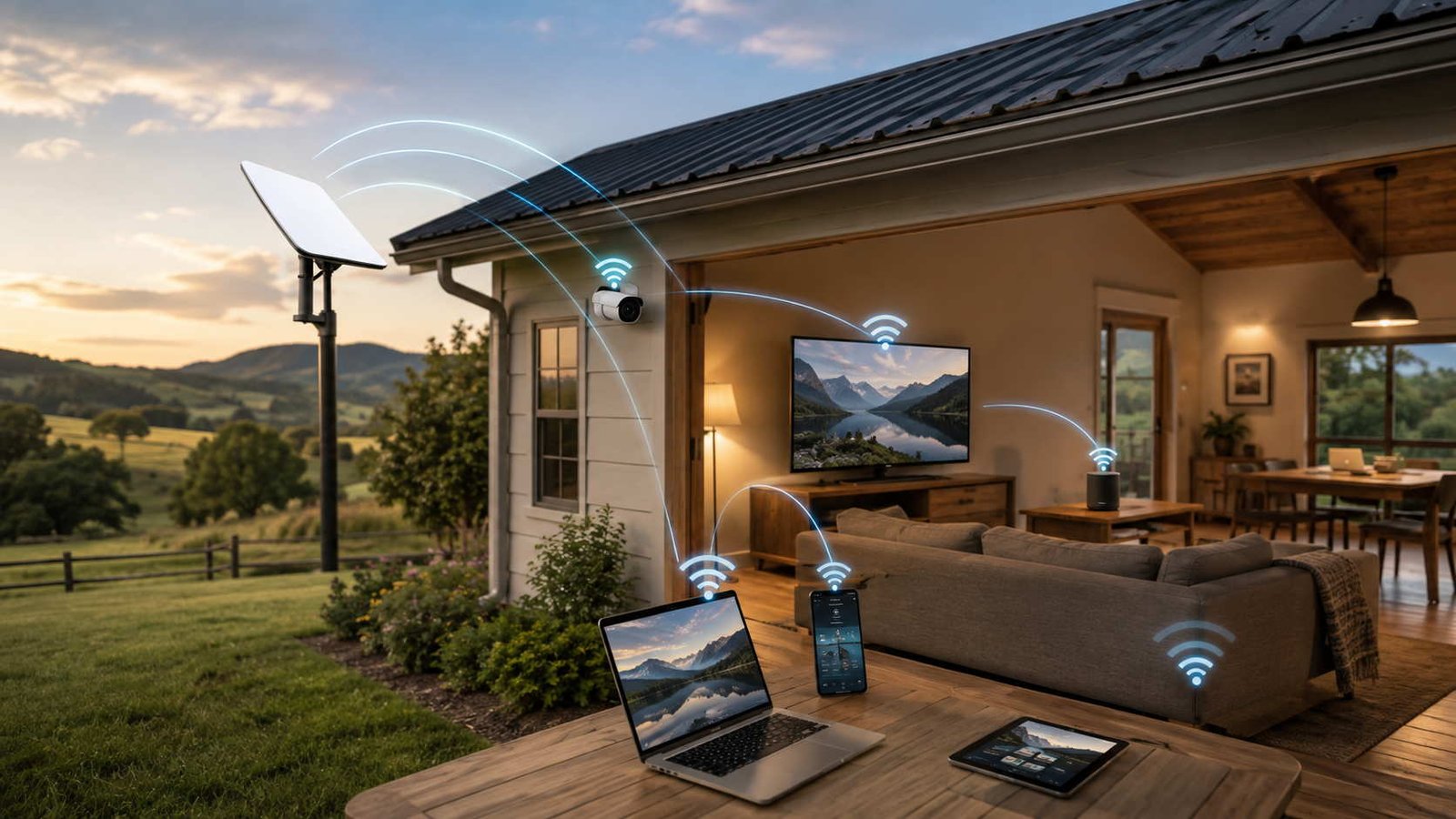 Residência com antena starlink instalada e vários aparelhos recebendo sinal de internet, ilustrando artigo Quantos aparelhos podem usar a Starlink ao mesmo tempo.