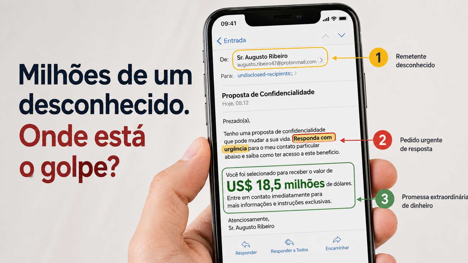 Celular mostrando tela com texto de um exemplo ilusório de tentativa de golpe, frase ao lado esquerdo, ilustrando artigo Recebi um e-mail prometendo milhões.