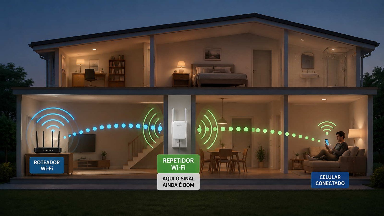 Corte transversal em residência mostrando diferentes cômodos e o sinal de internet alcançando os mesmos, ilustrando artigo Repetidor de Wi-Fi funciona mesmo ou piora a internet?