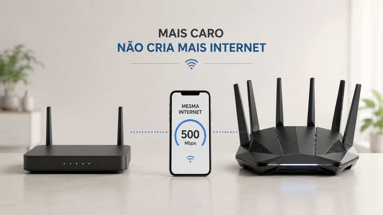 Dois roteadores lado a lado, comparando um mais barato e outro mais caro, ilustrando artigo Roteador mais caro deixa a internet mais rápida?
