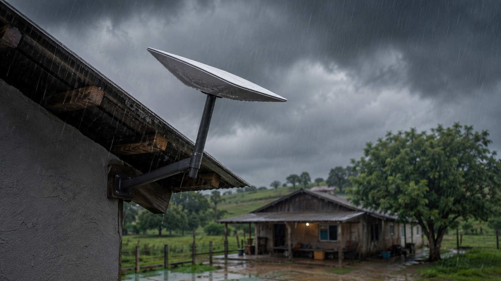 Forro de uma casa com antena Starlink instalada, ceu nublado com sinais de instabilidade, casa ao fundo com árvore próxima, ilustrando artigo Starlink funciona na chuva.